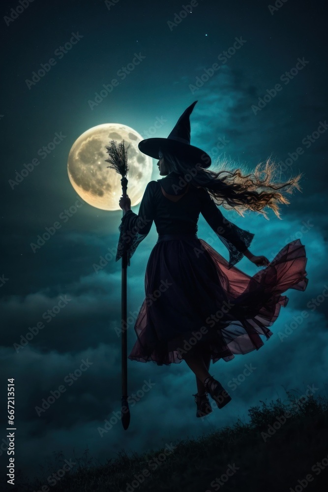 Fototapeta premium halloween witch flying on broom