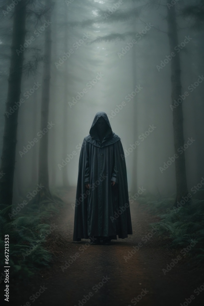 Mysterious Wanderer: Shadowy Cloaked Figure in the Forest