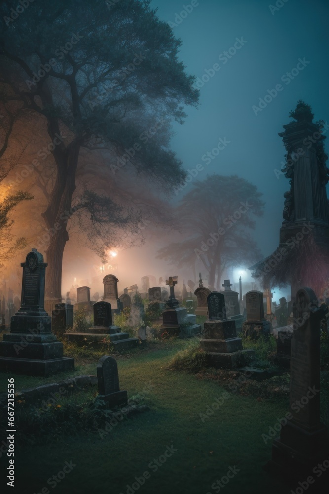 Misty Resting Place: Cemetery Enveloped in Fog