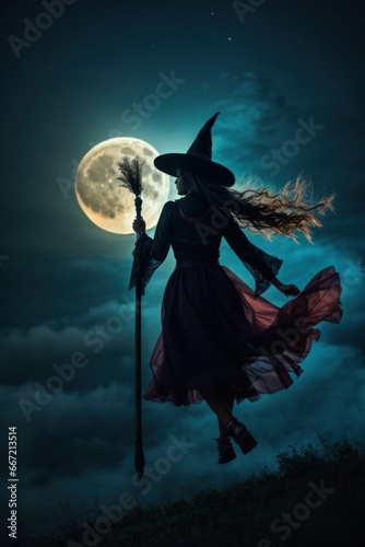 halloween witch flying on broom
