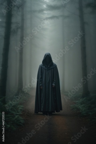 Mysterious Wanderer: Shadowy Cloaked Figure in the Forest