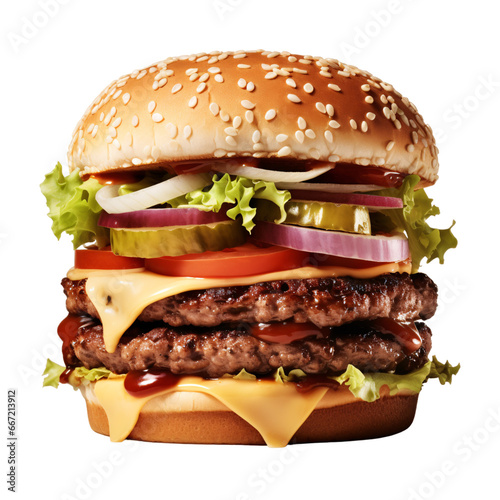 beef burger on a white background, two beef patties with cheese, onion and latus slices with sesame seeds, unhealthy foods photo