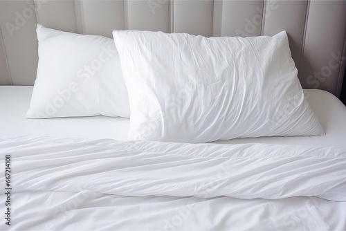 Rumpled Bed With Decorative White Pillow In Bedroom