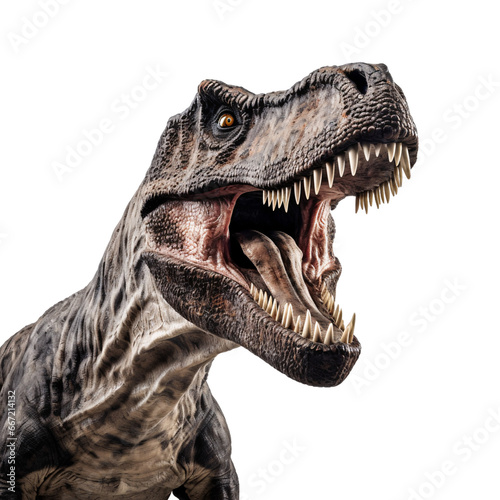 close up of a tyrannosaurus rex dinosaur with sharp teeth.