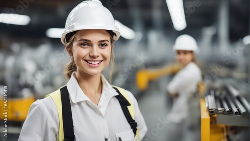 Portrait of a happy european girl factory worker wearing hard hat and work clothes standing besides
