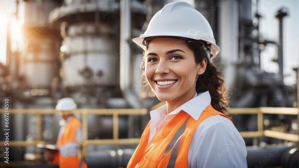 Portrait of a smiling confident female engineer at an oil refinery, confidently overseeing operation Portrait of a smiling confident female engineer at an oil refinery, confidently overseeing operation