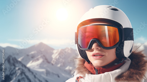 Beautiful girl in ski masks t on the background of snowy mountains in the sunshine. Copy space.