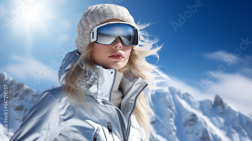 Beautiful blonde in ski goggles and silver jacket on the background of snowy mountains in the sunshine