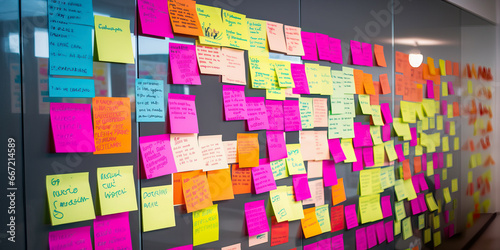 Bulletin Board Filled With Colorful Post-It Notes Displaying Business Concepts and To-Do List