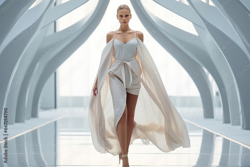 Stunning Model Struts In Glamorous Fashion Show Catwalk Stunning Model Struts In Glamorous Fashion Show Catwalk