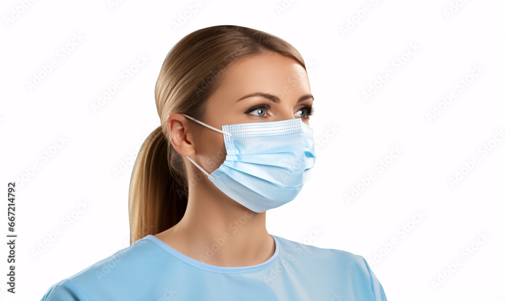 brunette young woman wearing a disposable blue face covering and blue medical scrub top brunette young woman wearing a disposable blue face covering and blue medical scrub top