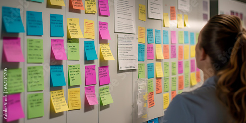 A Woman Contemplating Business Ideas in Front of a Colorful Sticky Note Wall photo