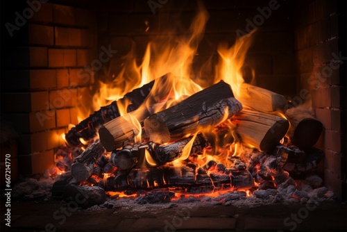 Burning wood within a brick stove yields flames and ashen remnants photo