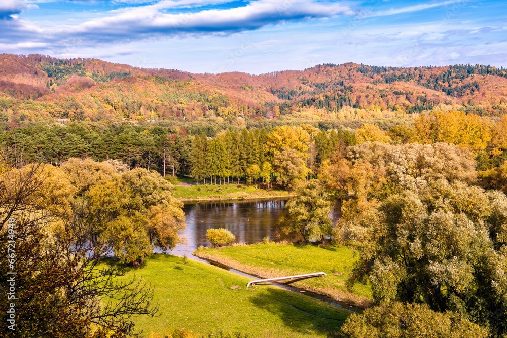 View of the city of Sanok, Poland. Autumn landscape in the mountains.