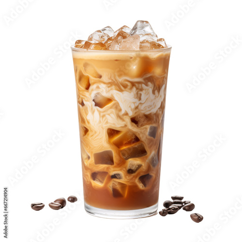 A tall cup of chilled iced coffee, with ice cubes, a clear disposable plastic cup with refreshing iced coffee, and ice cubes.