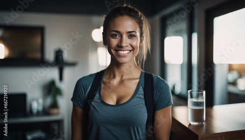 Free Download cinematic photo Portrait of a young sporty happy woman looking cheerful at the camera and smiling - GFXLoad