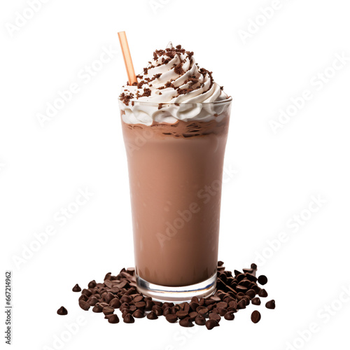 cup of chocolate milkshake with chocolate and whipped cream isolated on a white and transparent background
