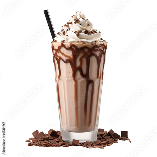 Glass of coffee with chocolate isolated on white background or transparent background, png 
Chocolate milkshake with white froth frape photo