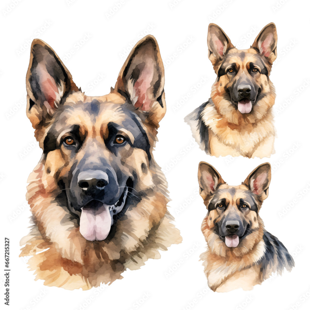 water color Illustration of a group of german shepherd puppies isolated on white, with transparent png
