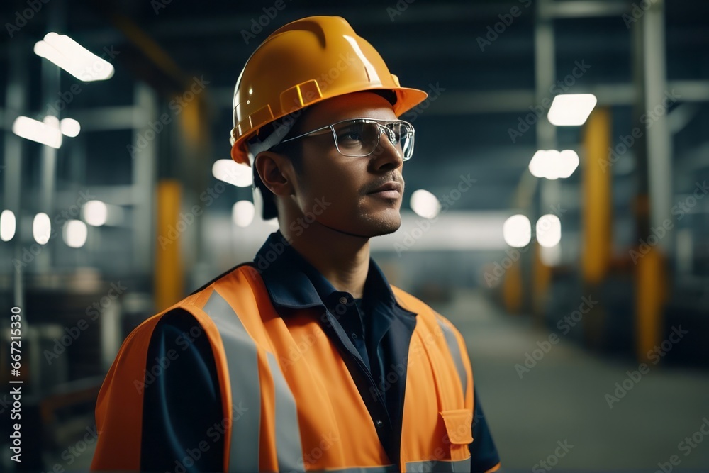 Obraz premium Portrait of Industry maintenance engineer man wearing uniform and safety hard hat on factory station
