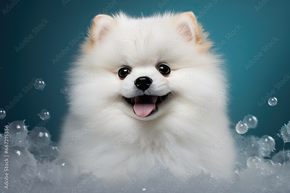 White Pomeranian Spitz puppy at grooming after shower, water bubbles. Generative AI