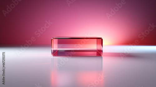 Transparent pink cube on white and pink background. Podium, display, presentation concept