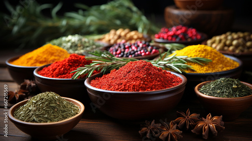 Herbs and spices: A collection of aromatic herbs and spices, highlighting flavor-rich, low-sodium seasoning alternatives photo