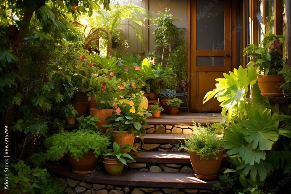 Backyard plants by the door steps. Generative AI