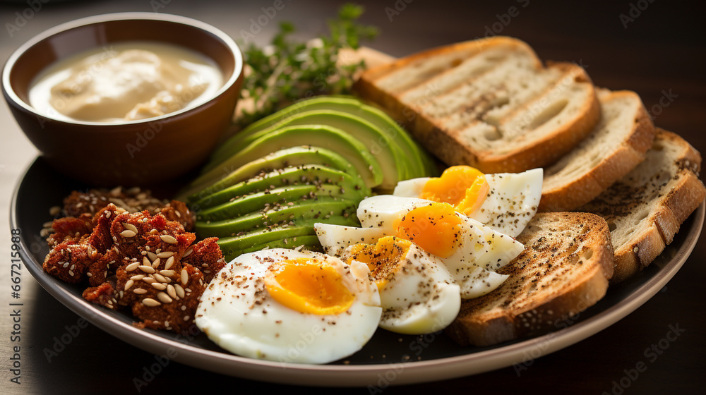 Balanced breakfast: A wholesome breakfast platter with whole-grain toast, poached eggs, and avocado, advocating for a balanced morning meal Balanced breakfast: A wholesome breakfast platter with whole-grain toast, poached eggs, and avocado, advocating for a balanced morning meal