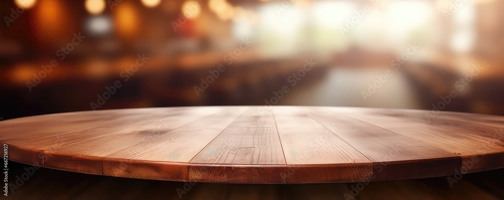 Fototapeta premium Wooden Round Table And Pub Or Bar Blur Background