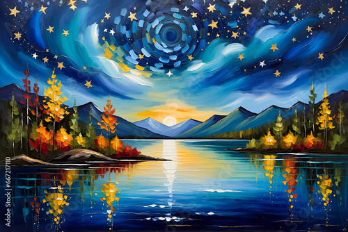 Starry Night Sky Over Quiet Lake Serene Nighttime Scene © MD NAZMUL