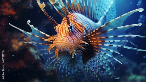 A close-up of a lionfish, its venomous spines radiating like rays of the sun. photo