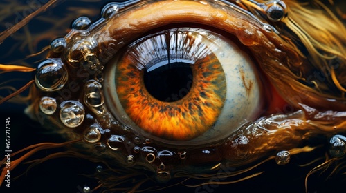 A close-up of a fish's eye, capturing reflections of its watery world. © baloch