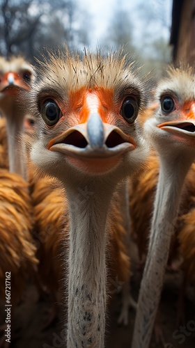 A group of happy Ostriches taking selfies