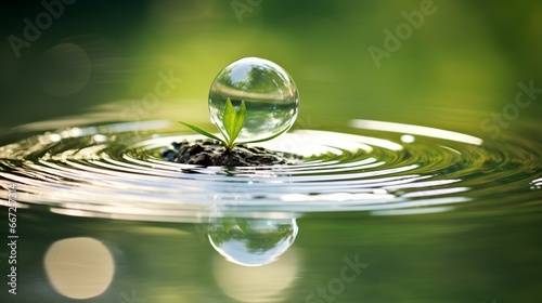 A close-up of a water droplet on the verge of splashing onto a calm pond's surface.