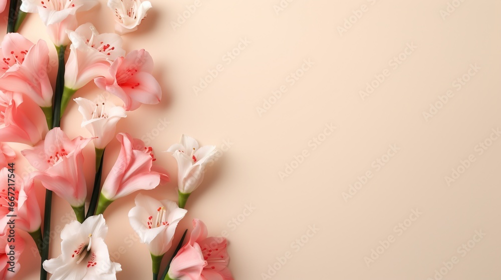  a bunch of pink and white flowers on a beige background.  generative ai