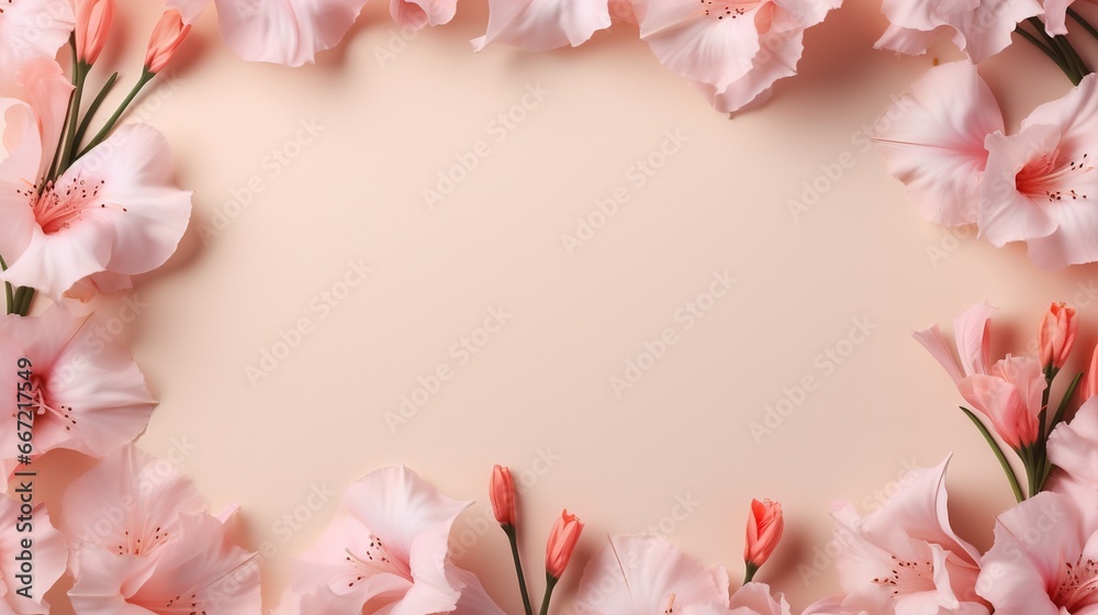  pink flowers are arranged in a circle on a pink background.  generative ai
