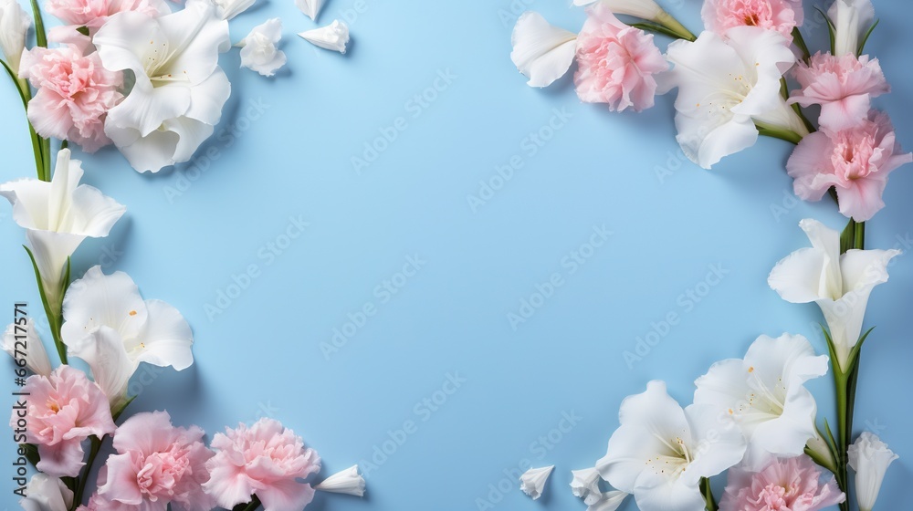  pink and white flowers on a blue background with space for text.  generative ai