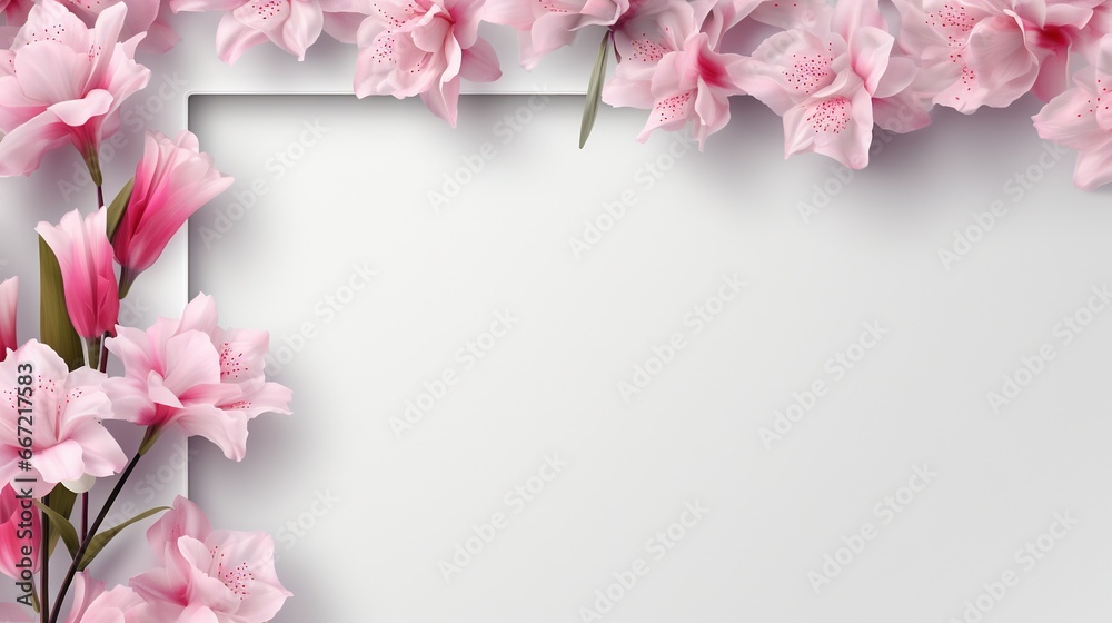  a white square frame with pink flowers on a white background.  generative ai