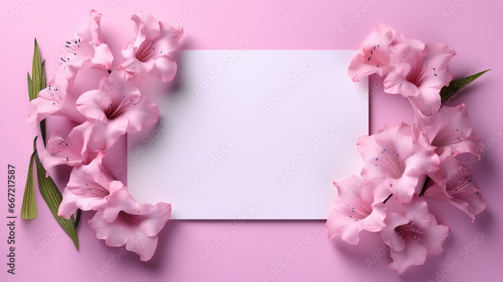  pink flowers on a pink background with a white card in the middle.  generative ai