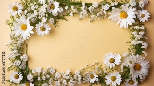  a picture of some daisies and other flowers on a yellow background.  generative ai © Shanti