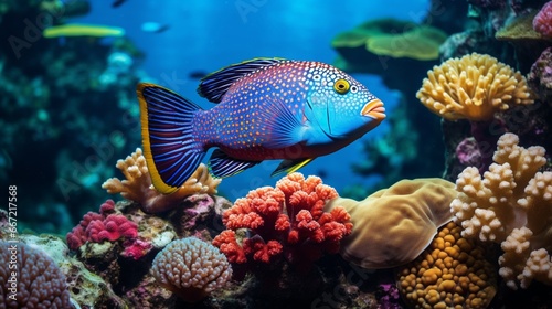A colorful wrasse darting among the vibrant corals of a tropical reef. © baloch