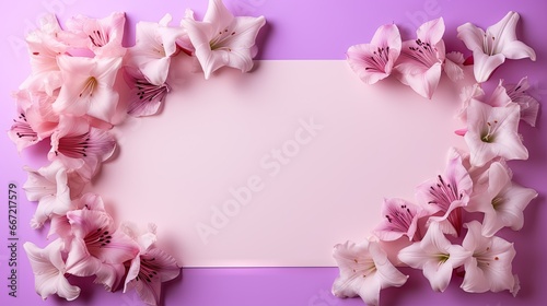 pink flowers on a purple background with a white sheet of paper.  generative ai © Shanti
