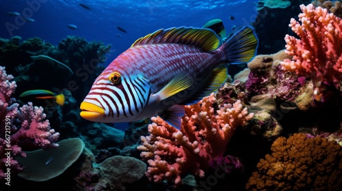 A colorful wrasse darting among the vibrant corals of a tropical reef. © baloch
