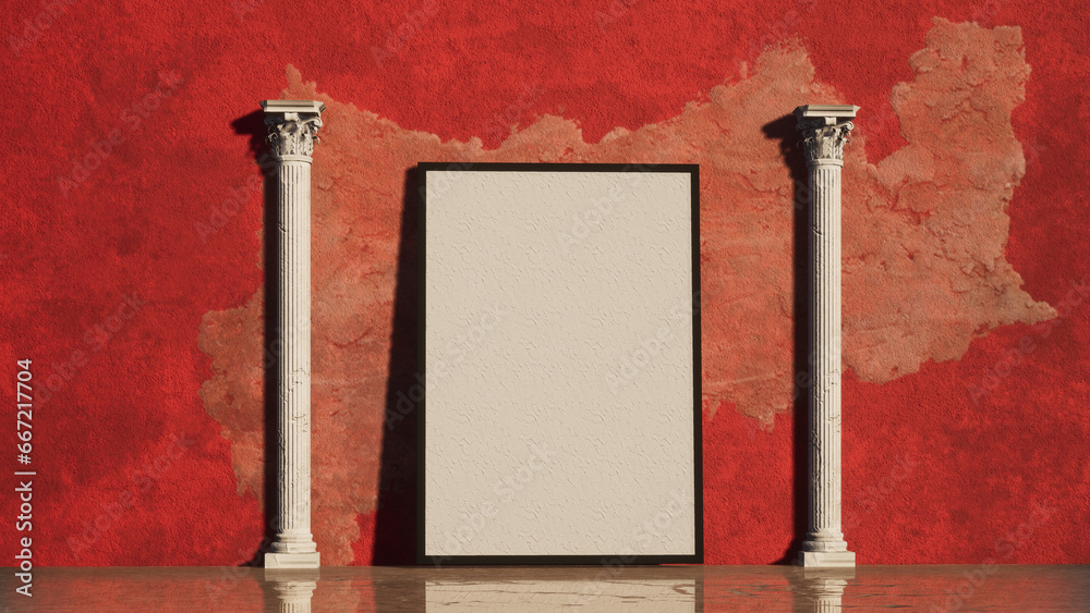 Modellazione e rendering 3d di una parete con quadro in un ambiente colorato con colonne antiche - obrazy, fototapety, plakaty 