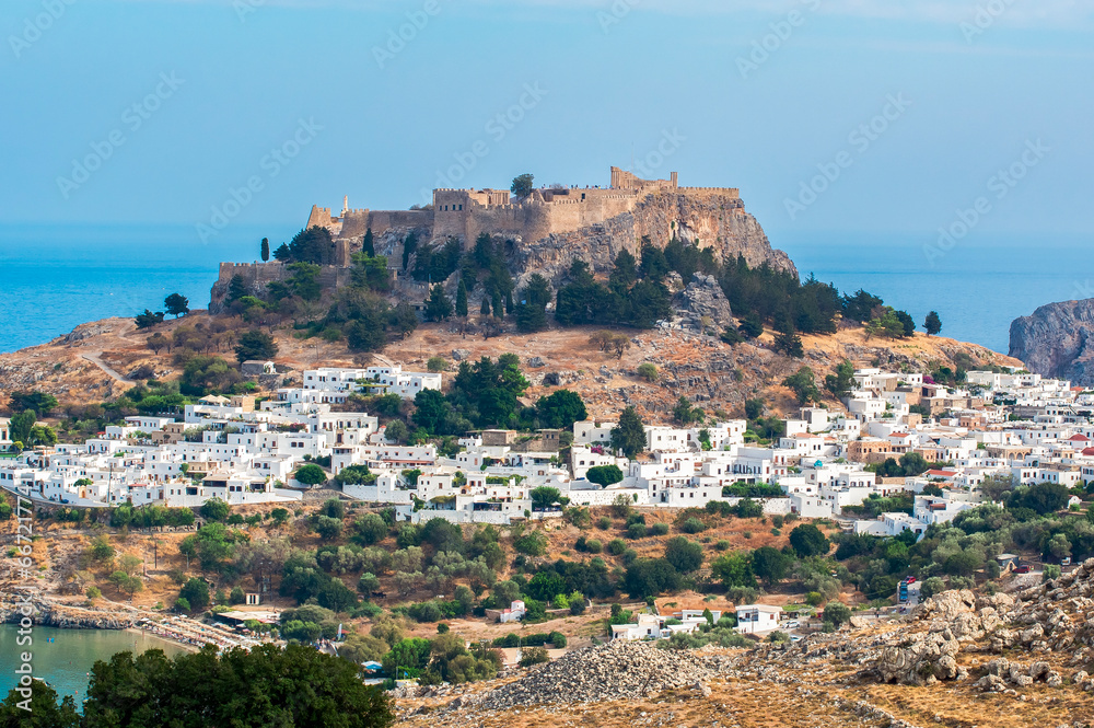 Lindos town cityscape and Lindos acropolis, Rhodes island, Greece
