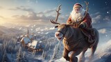 A man with a white beard, Santa Claus flies across the sky in a sleigh and with reindeer. Festive character symbol of Christmas and New Year. Good-natured active old man