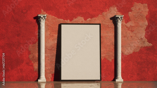 Modellazione e rendering 3d di una parete con quadro in un ambiente colorato con colonne antiche