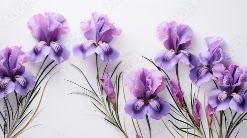  a group of purple flowers on a white background with long stems.  generative ai