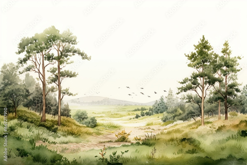 Watercolor landscape featuring forest, herbs, bird, and field on a white background. Generative AI